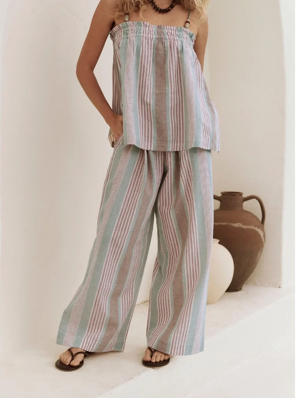 Free People Striped Linen Corfu Set, Misty Combo, Large